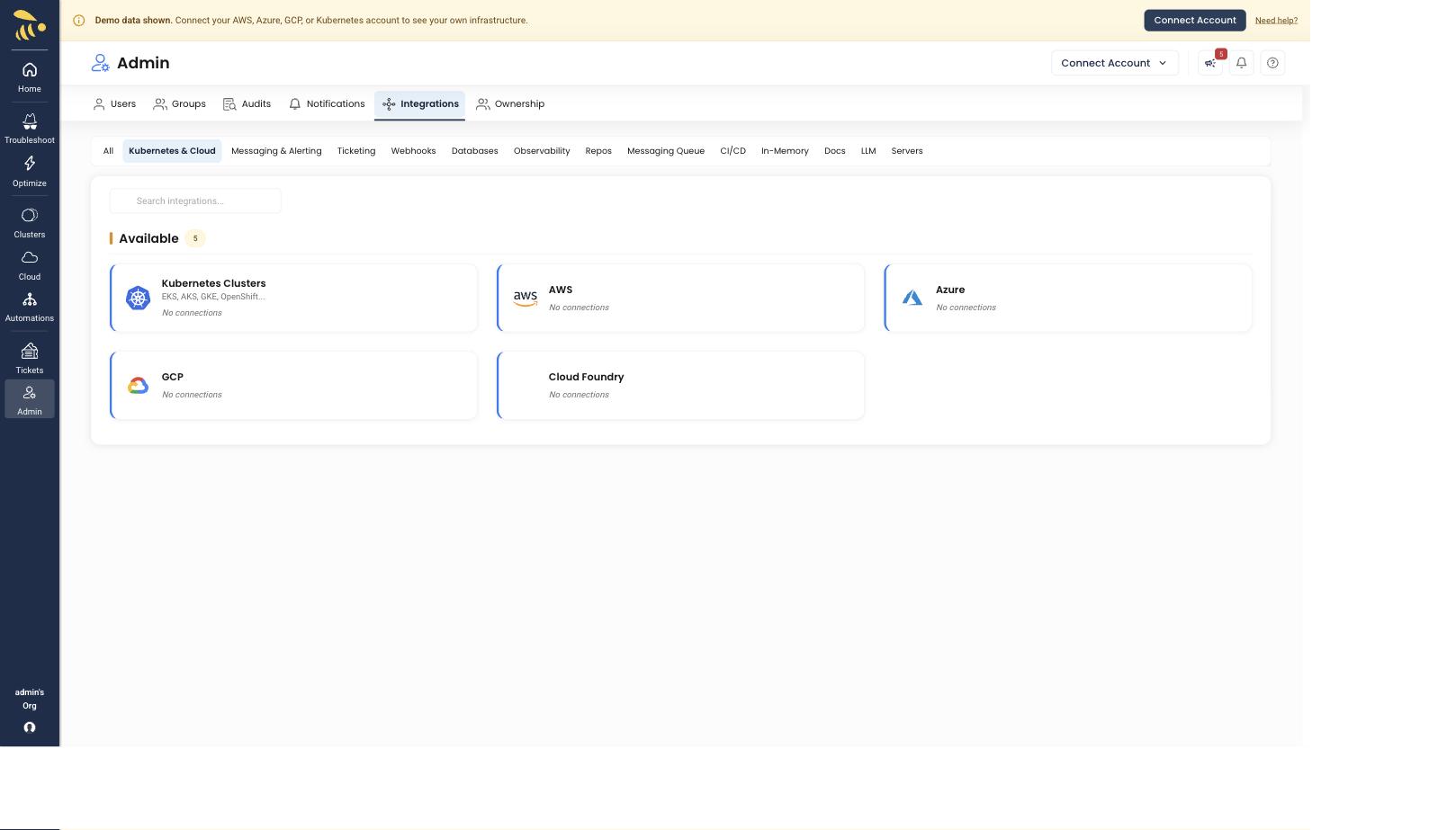 Integrations catalog - Kubernetes, AWS, Azure, GCP, Cloud Foundry