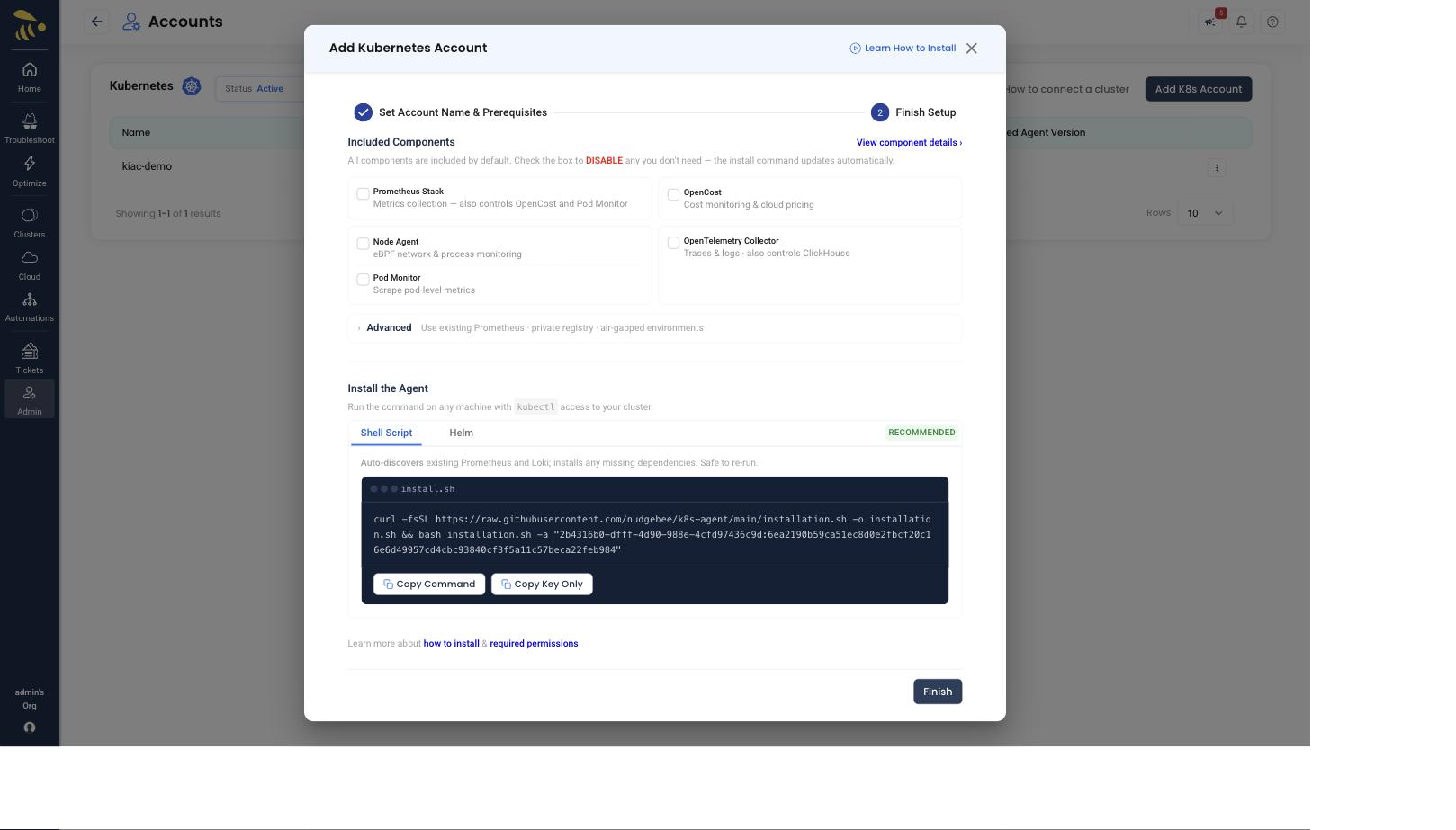 Add Kubernetes Account - component toggles and generated install command