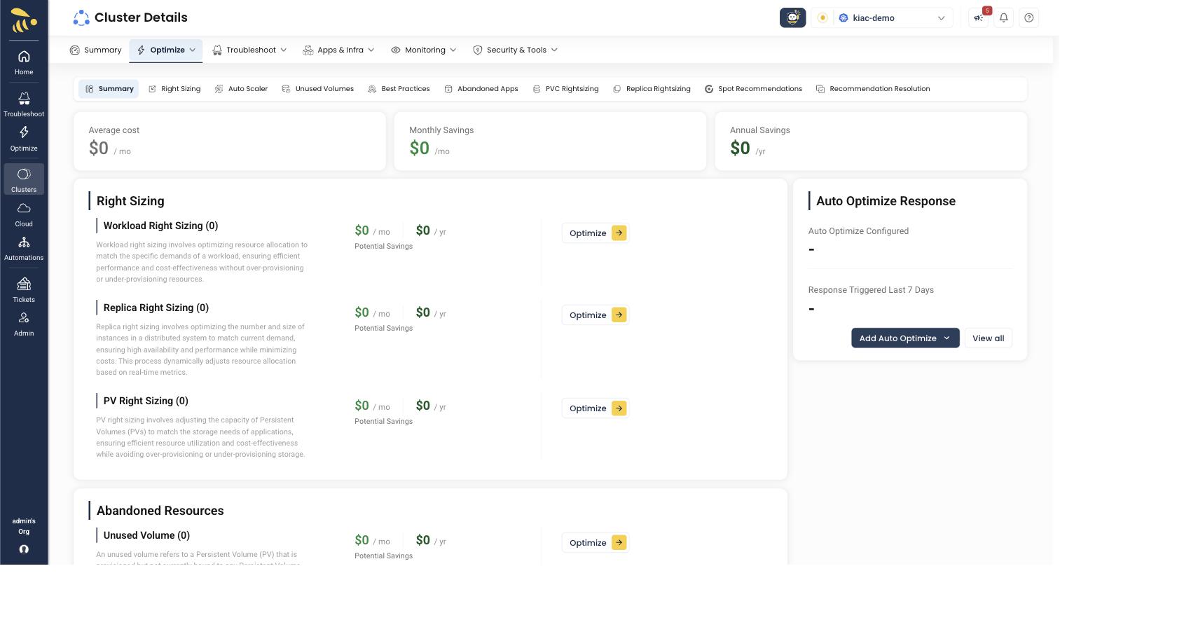 Optimize - rightsizing categories, abandoned resources, auto-optimize