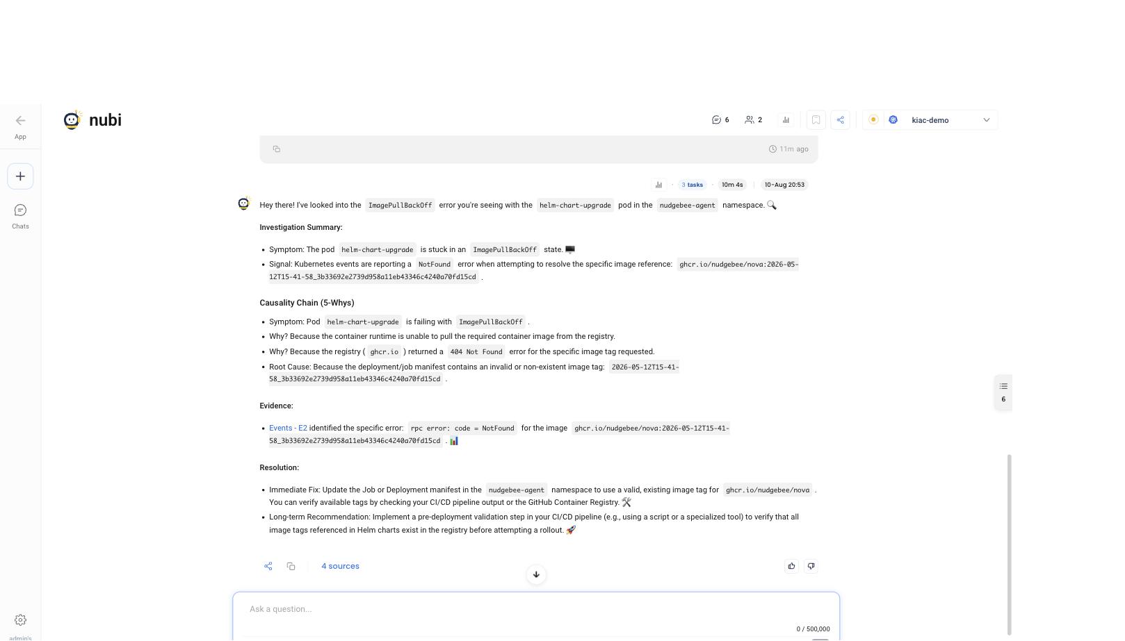 Completed AI investigation - summary, 5-Whys causality chain, evidence, resolution